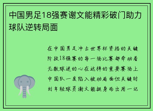 中国男足18强赛谢文能精彩破门助力球队逆转局面 中国男足18强赛谢文能精彩破门助力球队逆转局面