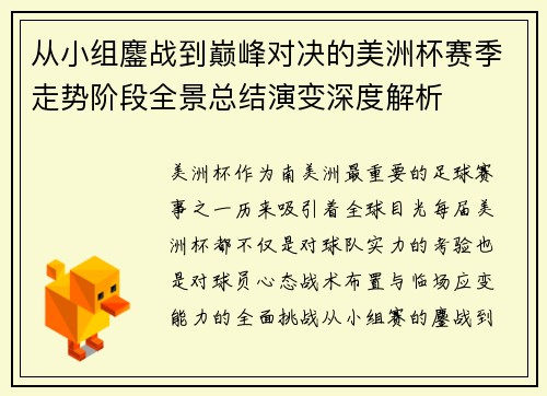 从小组鏖战到巅峰对决的美洲杯赛季走势阶段全景总结演变深度解析